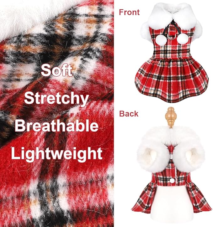Dog Sweater with Leash Set D Ring Plaid Fleece Dog Clothes for Small Dogs Girl Boy Winter Puppy Dress Cold Weather Coat Fall XXS Sweater for Chihuahua Yorkie Cat Doggy Costumes, Red, XS