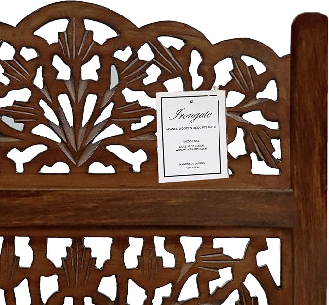 Wooden Foldable Pet Dog Safety Gate - 3 Panel 20" W x 24" H - Hand Carved Mahanadi Free Standing Portable Indoor Puppy Gate - Doorway Hall Stairs Dog Fence - Assembled - Brown - IRONGATE