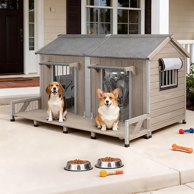 55.5" L Extra Large Dog House Outdoor, Wooden Dog Kennel for Large Breeds, Weatherproof XL Dog House with Openable Roof & 2 Doors, Cozy Indoor/Outdoor Doghouse for Large Small Dogs