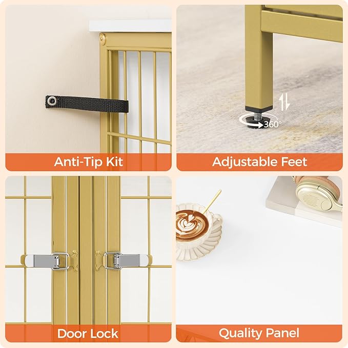 Dog Crate Furniture for 2 Dogs, 43.3" Dog Kennel with Removable Divider, Heavy Sturdy Dog Furniture Style Double Cage for Small Medium Dog, Indoor Pet House End Table, White and Gold