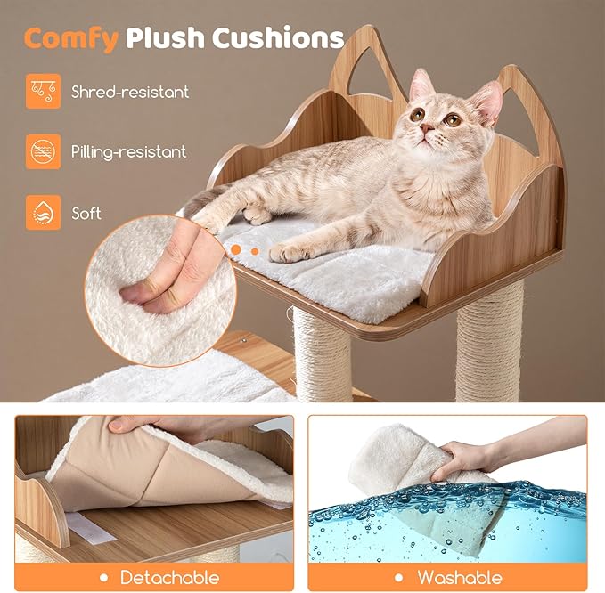 PETSITE 48-inch Wooden Cat Tree, Multi-Level Modern Cat Tower with Sisal Scratching Posts, Double-Layer Condo, Cute Top Perch, 3 Jumping Platforms with Washable Detachable Cushions