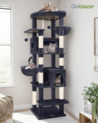 Globlazer Heavy Duty Cat Tree, 74in Sturdy Cat Tower for Large Cats Adult, Big Cat Tree with 7 Sisal Scratching Posts, 2 Padded Condos, 2 Dual-Ear Hanging Baskets, Enlarged Top Perch, S74, Dark Grey