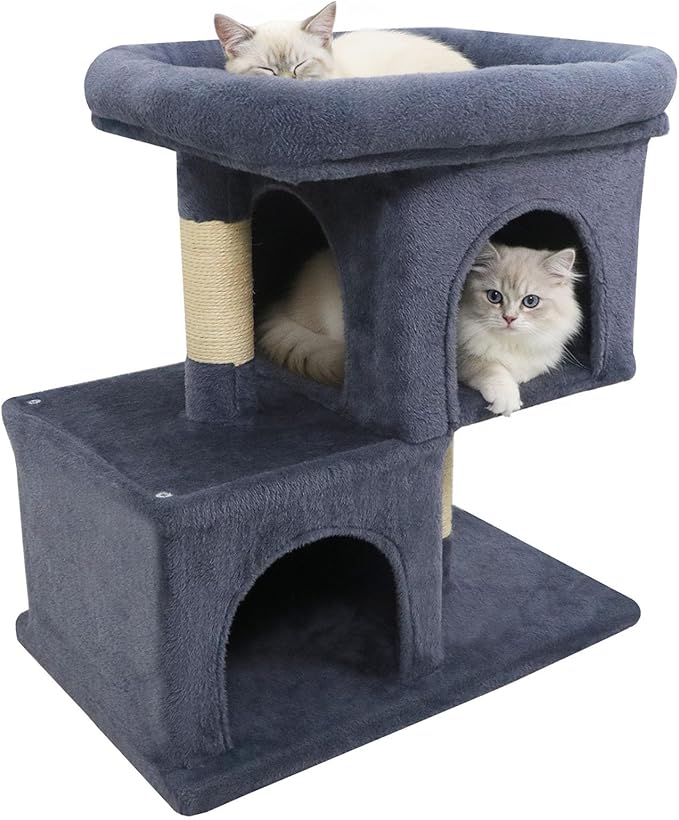 Tangkula Small Cat Tree for Indoor Cats, 25.5 Inch Cat Tower with Sisal Scratching Posts, 2 Large Cat Condos with Padded Top Perch, Modern Cat Climbing Furniture for Adult Cats & Kittens (Dark Gray)