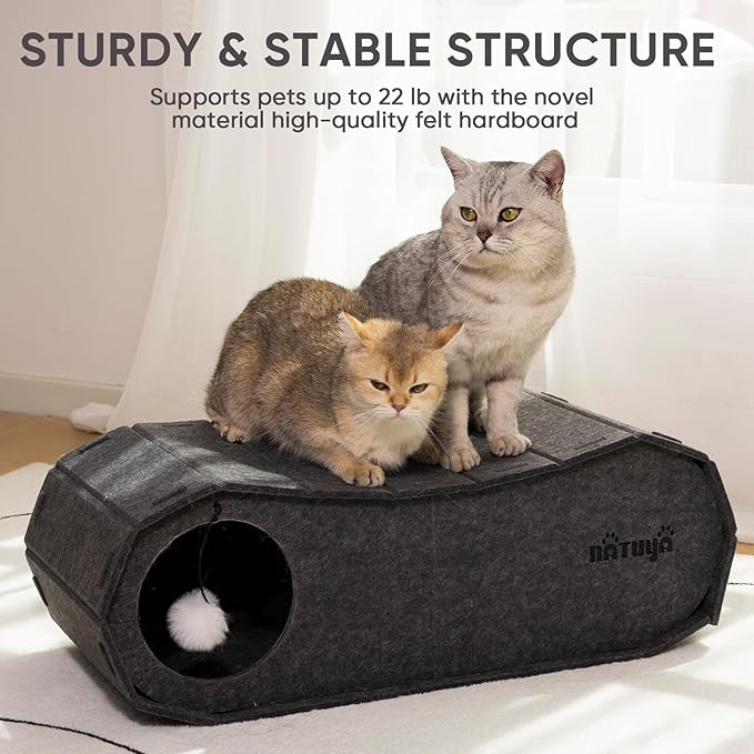 NATUYA Cat Bed Cave for Indoor Cats, Large Cat Lounge Cave Bed with Toy Ball, Enclosed Scratch Resistant Detachable Felt Cat Hideaway Bed for Cats up to 22 Lbs