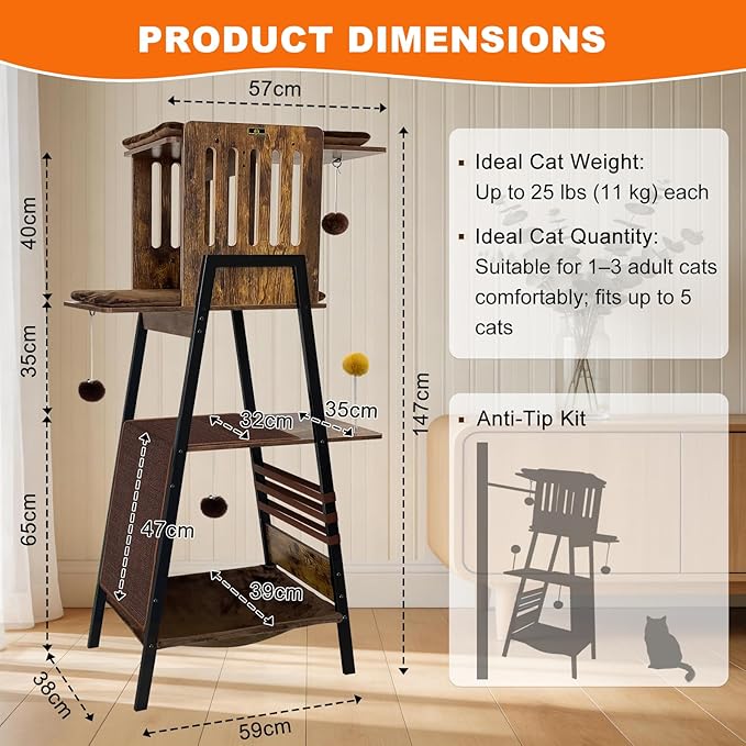 57 Inch Multi-Level Modern Cat Tree Tower with Hammock & Scratching Ramp - Wooden Heavy-Duty Cat Tower for Large Cats & Multi-Cat Households, Easy to Clean (Brown)