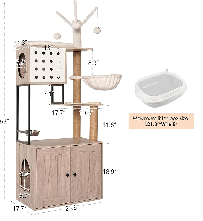 Modern Cat Tree with Litter Box Enclosure Multi-Level Cat Condo with Scratching Posts, Feeding Bowl, Pompom Toys & Odor Control, Gray