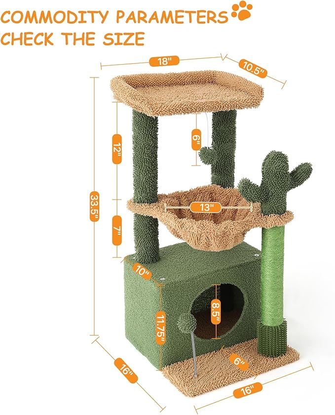 Athena Collection Small Cat Tree Tower with Scratching Post, 33.5 Inch Modern Cute Cat Tree Condo with Cozy Perch Hammock Hanging Ball for Kittens Indoor, Cactus Shade, Green