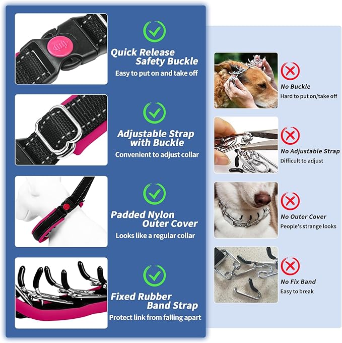 Martingale No Pull Dog Collar - Heavy Duty Nylon with Buckle, Adjustable Anti Pull Reflective Slip Collar for Large Medium Small Dog Training Walking S Hot Pink