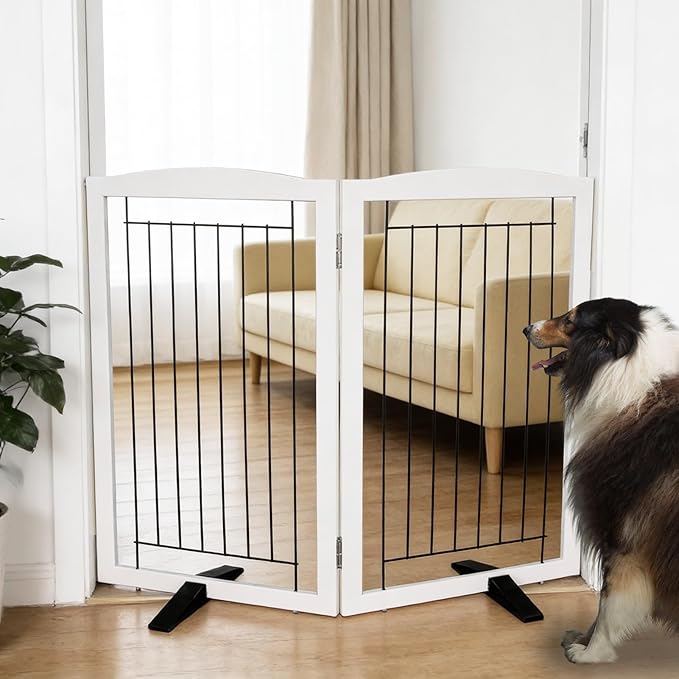 Dog Fence Indoor,Dog Gate Indoor for Doorway pet gate -2-Panel Freestanding, Hallways, House or Stairs -40x32-Inch Retractable Foldable Expandable Wood Pet by SFJC (White) ﻿
