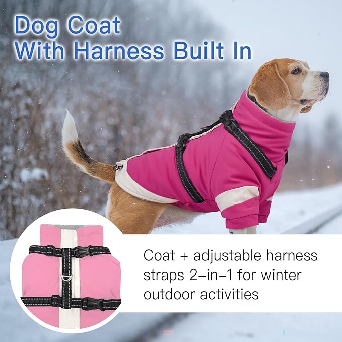 Turtleneck Dog Coat with Harness Built in - S,Soft Warm Lining | Adjustable Reflective Harness Coats for Small Dogs,Snow Day Water-Repellent,Windproof & Cold-Resistant Jacket (Rosered)