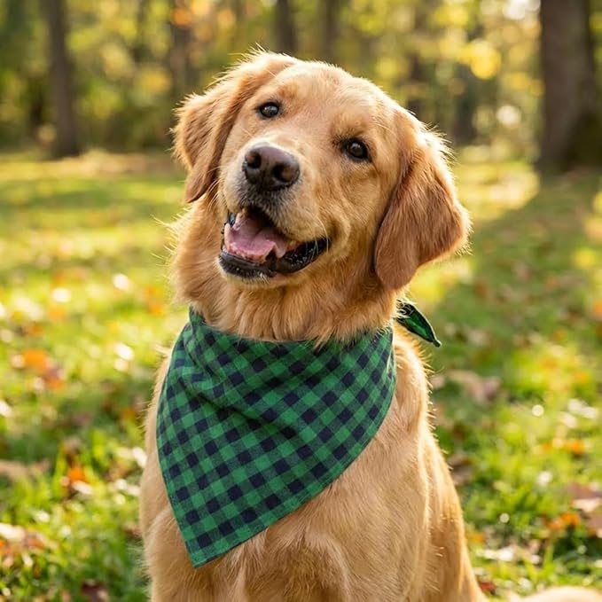 Dog Bandanas 1 Pack; Cotton Linen Green Bandana Plaid for Large Dogs; Soft Breathable Dog Accessories; Dog Apparel & Accessories