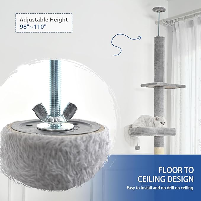 Cat Craft Floor to Ceiling Cat Tree,5 Tiers Tall Cat Tower with Adjustable Height(98-110),Skinny Ceiling Cat Tree with Cozy Hammock,Sisal Scratching Posts,Platforms,and Hanging Balls for Large Cats