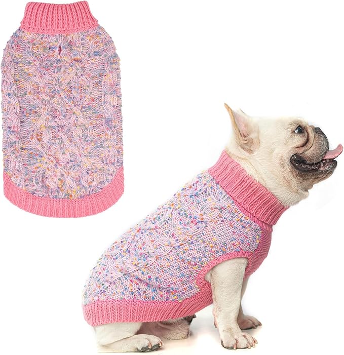BEAUTYZOO Cable Knit Small Dog Sweater, Color Block with Fuzzy Thread Knitted Turtleneck Dog Knitwear with Dots in a Variety of Colors for Small Medium Dogs Fall Winter Dog Clothes, M Pink