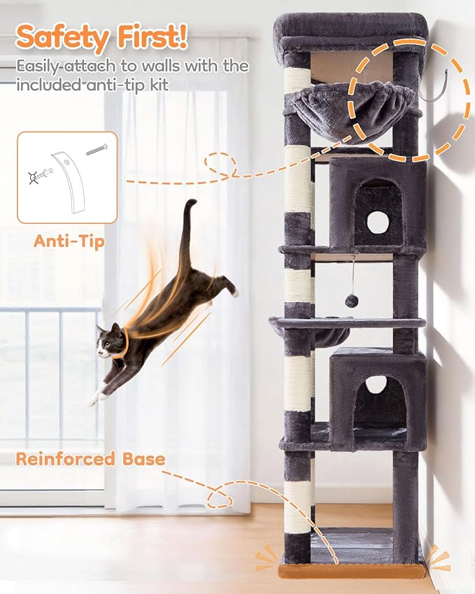 Taoqimiao 73 Inch Cat Tree XXL, Cat Tower for Indoor Cats, Large Cat Tree for Big Cats, Enlarged Platform, 2 Spacious Cat Condos, 9 Scratching Posts, 2 Cozy Baskets, F30G Smoky Gray