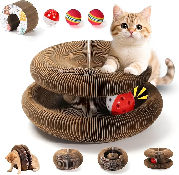 Magic Organ Cat Scratcher Board with 3 Balls, Foldable Recyclable Accordion Cats Toy with Ball and Track Adventure, Cat Scratching Pad, Retractable Reversible Furniture Protector(Brown)