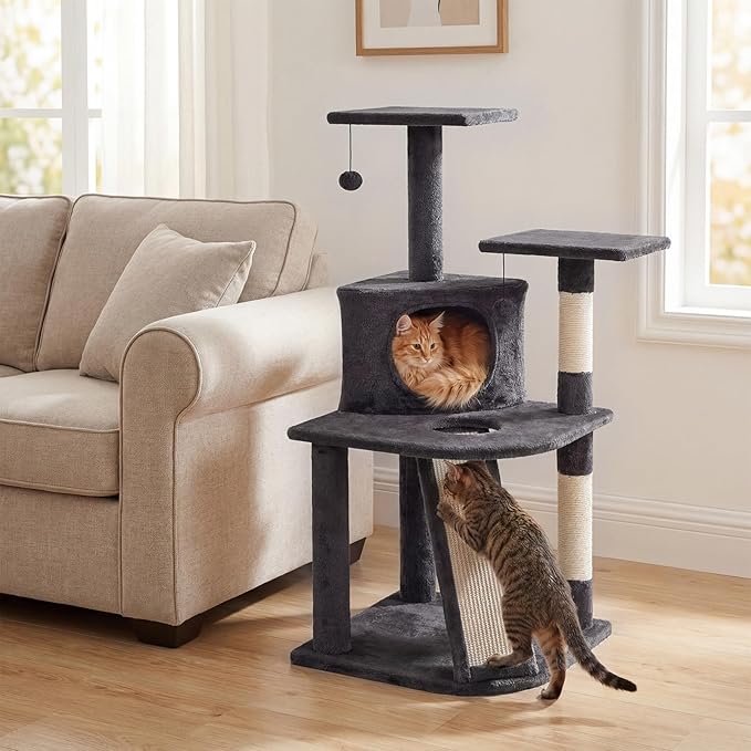 Tangkula Corner Cat Tree, Multi-Level Cat Tower with Top Perches & Cozy Condo, Natural Sisal Scratching Posts & Climbing Ladder, Playful Cat Hole & Hanging Balls, Climbing Play Center (Dark Gray)
