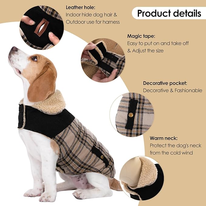 Winter Coat for Small Dogs, Puppy Plaid Jacket, Dog Jacket for Cold Weather, Windproof Warm Garments, Pets Thickened Outfits Indoor Outdoor, Beige S