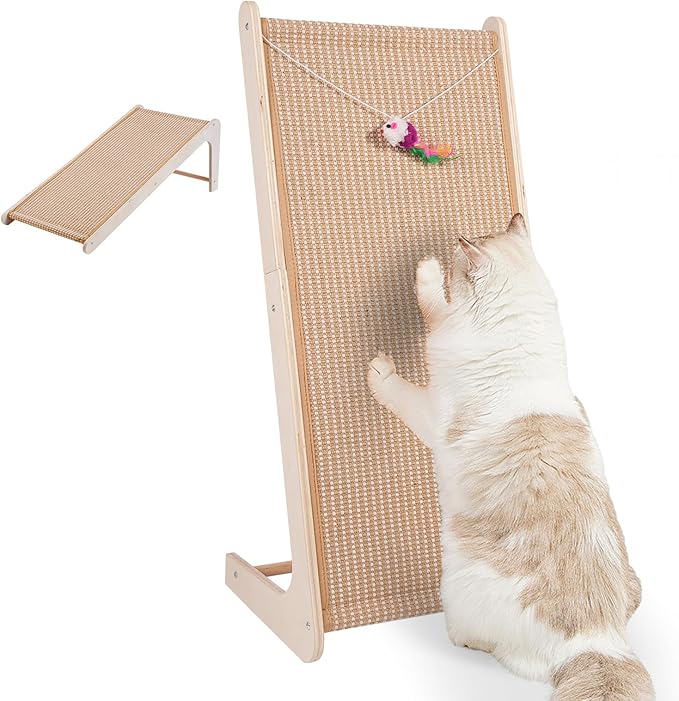 Sisal Cat Scratchers for Indoor Cats, 26.8'' L-Shape Cat Scratching Board, Solid Wooden Cats Scratch Pad with Mouse Toy, Large Cats Scratching Posts to Protect Furniture(Ramp Scratcher)