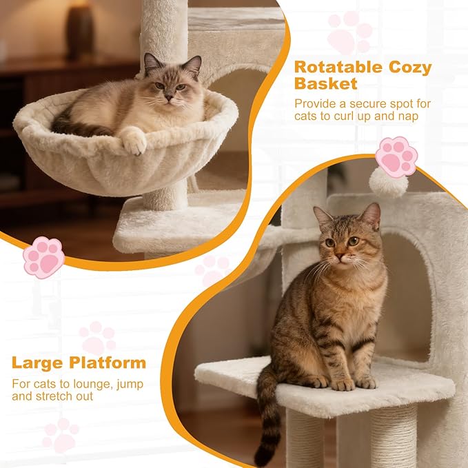 Tangkula Cat Tree Tower, 33.5 Inch Cute Cat Tower with 2-Tier Large Condo, Sisal Scratching Posts, Padded Top Perch, Dangling Toy, Rotatable Cozy Basket, Cat Climbing Furniture (Beige)