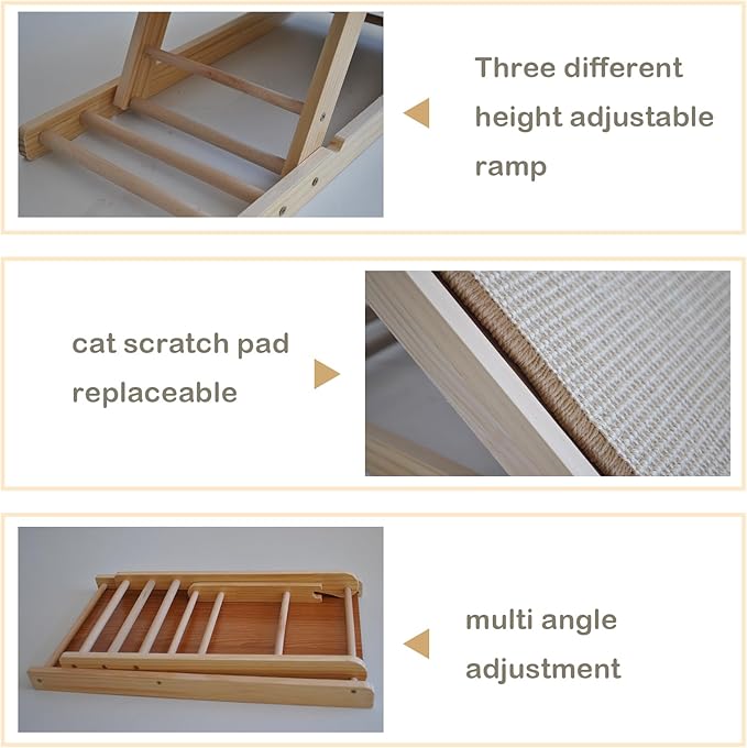 PINVNBY Tilted Angled Cat Scratcher Ramp with Replaceable Natural Sisal Mat,Incline Wooden Cat Scratching Board Three Different Adjustable Height Cat Scratch Pad Bed for Indoor Cats Kitten