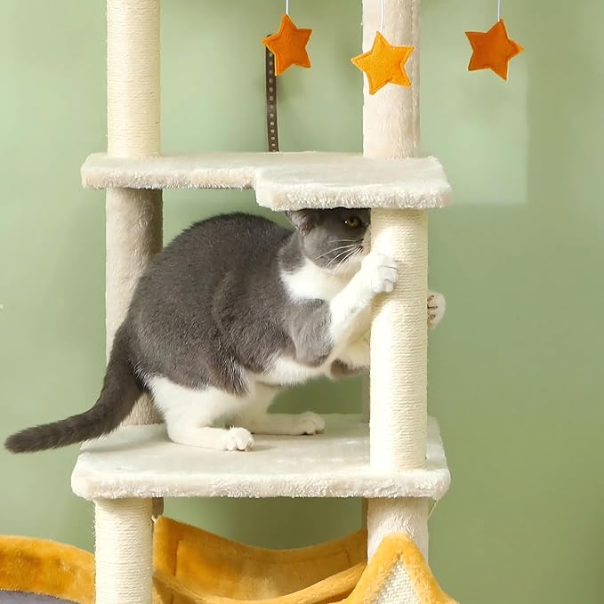 63" Tall Cat Tree Multi-Level Cat Tower for Indoor Cats with Cat Condo, Hanging Basket, Sisal Scratching Posts, Plush Balls and Hammock for Small Large Cats (Beige)
