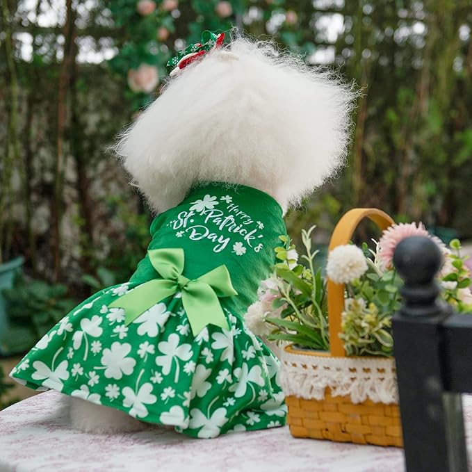 CuteBone St.Patrick's Day Dog Green Dress Velvet for Small Dogs Girl Puppy Dresses Clover Dog Clothes CVA14S-D