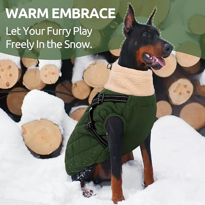 Queenmore Dog Jackets for Large Dogs, Dog Coat with Harness Built-in, Thick Fleece Lining Waterproof Jacket for Large Breeds, Back Zipper Pet Winter Jacket for Retriever, Labrador, ArmyGreen XL