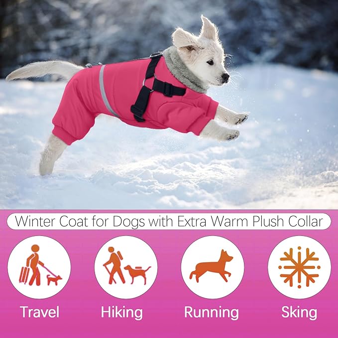 BRKURLEG Dog Winter Coat with Harness Built in, Winter Dog Jacket for Small and Medium Dogs, Small Dogs Snowsuit Reflective Windproof Cold Weather Coat, Puppy Warm Fleece Coats, Hot Pink, XXL