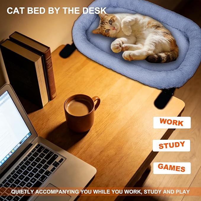 Cat Desk Bed&Cat Hammock for Desk and Bedside,90°Rotating&Height Adjustable,40 lbs Capacity,Soft Faux Fur with Reversible Mat,23.62x14.57x2.76 inch Modern Gray Cat Perch for Office&Game Tables (Gray)