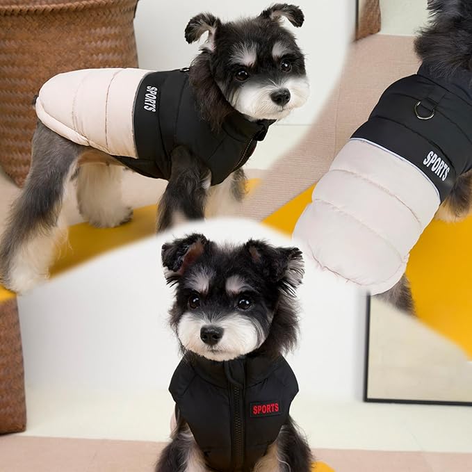 Dog Winter Puffer Jacket, Warm and Water-Resistant Coat with Leash Ring, Stylish Color Block Design for Small to Medium Dogs (Beige, X-Large)