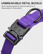 Joytale Tactical Dog Collar with Handle and Metal Buckle, Heavy Duty Padded Military Collar with 2 Patches for Training, Adjustable for Large Dogs, Purple, L