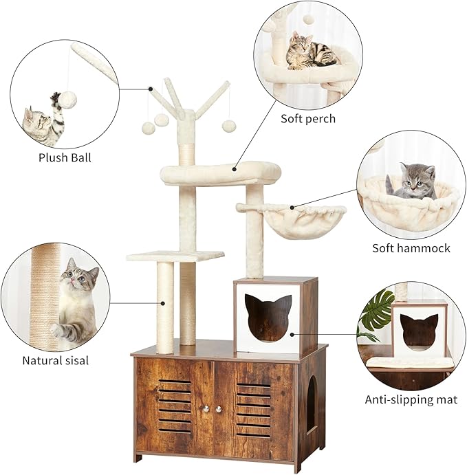 Cat Tree with Litter Box Furniture Hidden Enclosure, 2-in-1 Modern Tower, Cat Condo with Scratching Posts