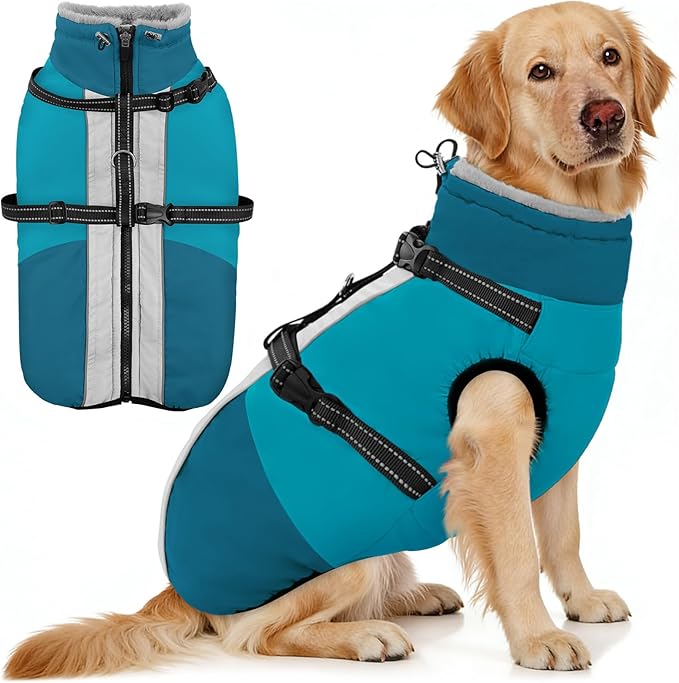 AOFITEE Dog Coat, Windproof Turtleneck Dog Jacket with Built in Harness, Reflective Dogs Jackets with Fleece Lining, Waterproof Pet Winter Coat for Cold Weather for Border Collie, Beagle, Turquoise XL