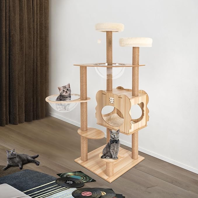 Cat Tree, 54" Indoor Cat Tree Tower, Sturdy Luxury Condo Rest Cat, with Scratching Posts, Wide Platforms, Two Space Capsules, Cat Nests, and Play Balls