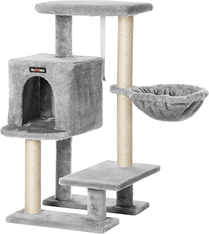 Feandrea Cat Tree, Small Cat Tower, 33.1-Inch Cat Condo with Basket, Cat Cave, Removable Washable Cover for Top Perch, for Small Spaces, Light Gray UPCT142W01