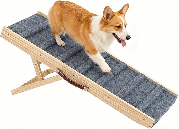 Dog Ramp for Bed, 39.4" Long Wooden Pet Ramp for Small & Large Dogs, 4 Adjustable Heights 12.2" to 22" with Anti-Slip Carpet & Carrying Handle Holds, Portable Dog ramps for Car, Bed, Couch, Outdoo
