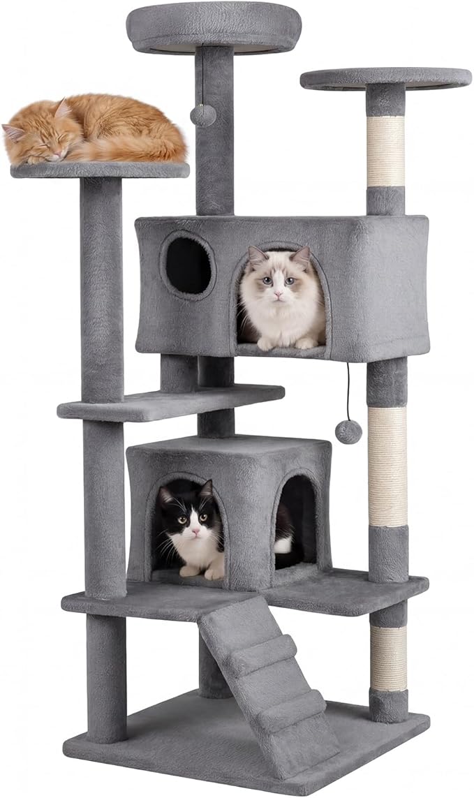 PETSITE 52-inch Cat Tree, Multi-Level Cat Tower with Sisal Scratching Posts, 2 Comfy Condos, Plush Padded Soft Top Perch, Dangling Balls, and Climbing Ladder, Ideal for Indoor Cats (Light Grey)