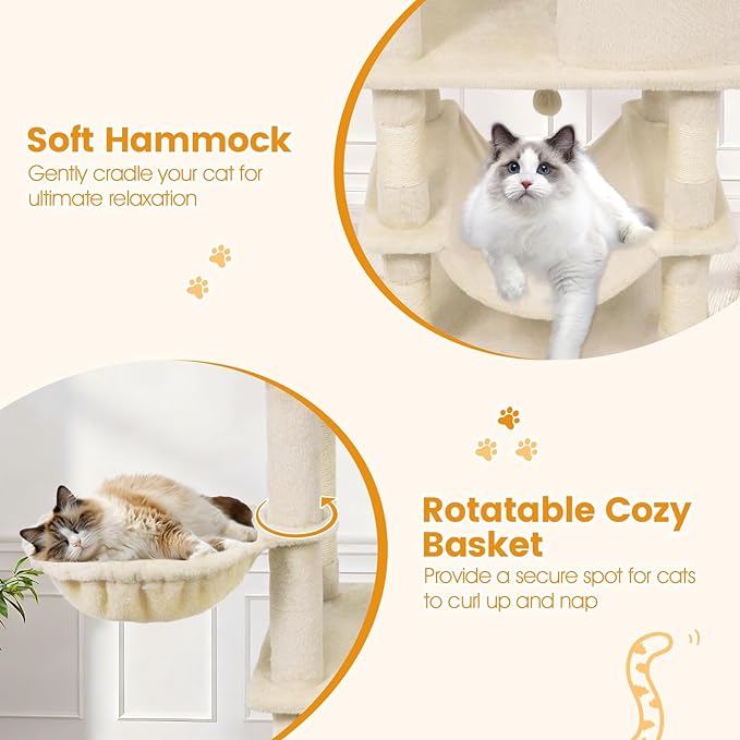 Tangkula 66 Inch Tall Cat Tree, Multi-Level Cat Tower with Sisal Scratching Posts, 2 Condos, Plush Perch, Hammock, Basket, Dangling Toys, Cat Climbing Furniture for Indoor Cats (Beige)