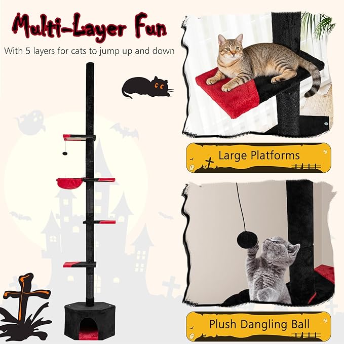 PETSITE Gothic Floor to Ceiling Cat Tree, 97-118 Inches Height Adjustable Goth Ceiling Cat Tower with Sisal Scratching Posts, Condo, Side Basket Bed, Dangling Toy, and Multiple Jumping Platforms