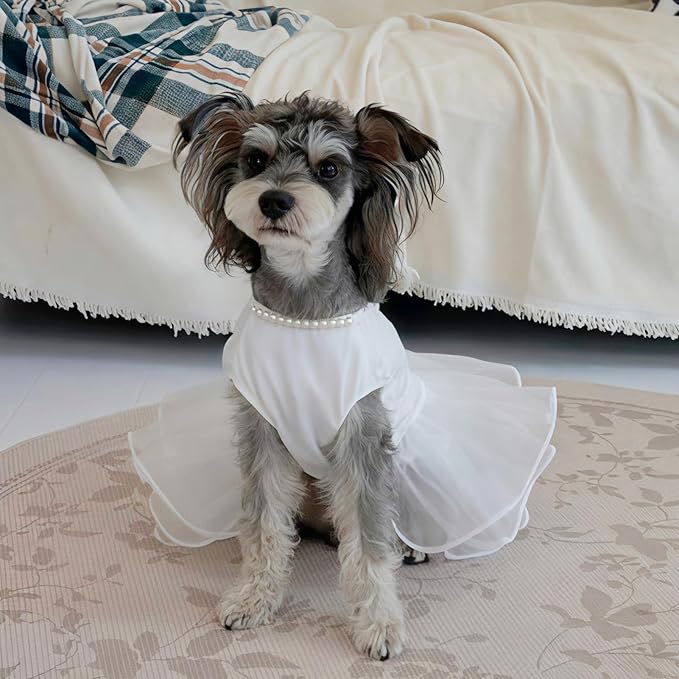 ASENKU Dog Dress, Dog Wedding Dress, Pet Lace Princess Dress with Bows for Wedding Birthday Party, Puppy Formal Apparel with Pearl Necklace for Small Dogs (White, Small)