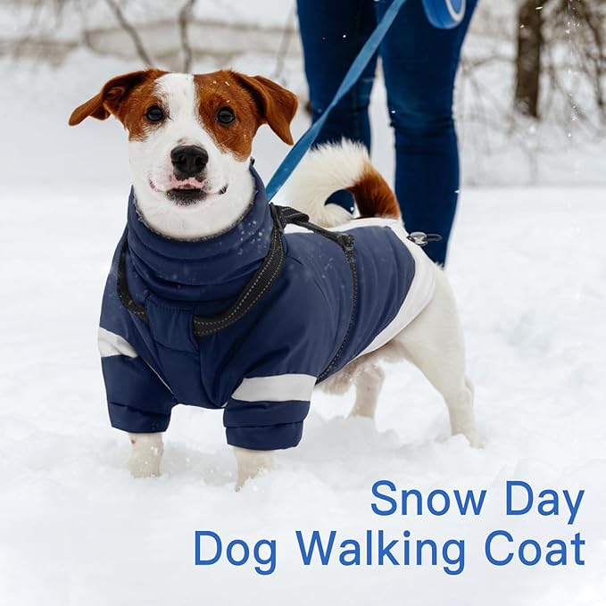 XX-Large Dog Winter Coat with Harness 2 in 1-for Walk The Dogs | Thick and Warm Lining for Cold Winter,Turtleneck Windproof Snowsuit with Sleeves,Night Reflective Harness(Navy-Blue)
