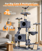 Catlike Rock-Solid 76" Tall Cat Tree Tower for Indoor Cats Large Adult, Heavy Duty Multi-Level Large Cat Tree with Sisal Scratching Posts, Perches, Cat Condos, Hammock Baskets, Cat Tower Light Grey