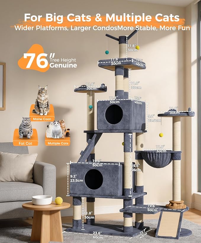 Catlike Rock-Solid 76" Tall Cat Tree Tower for Indoor Cats Large Adult, Heavy Duty Multi-Level Large Cat Tree with Sisal Scratching Posts, Perches, Cat Condos, Hammock Baskets, Cat Tower Light Grey