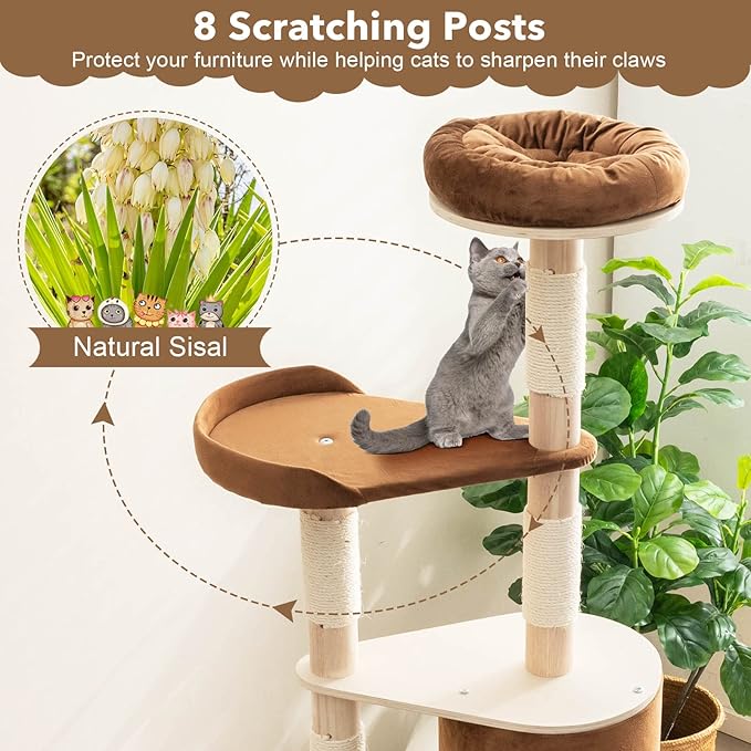 Tangkula 75 Inch Tall Cat Tree for Indoor Cats, Natural Solid Rubber Wood Cat Tower with Sisal Scratching Posts, Top Perch, Detachable Cat Condo, 6-Layer Modern Cat Trees and Towers for Large Cats