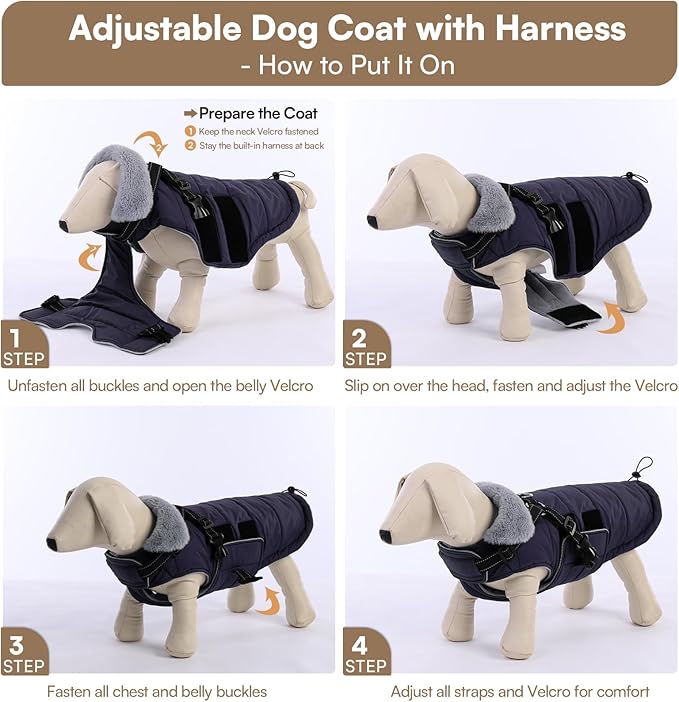 Queenmore Winter Dog Jackets for Medium Dogs with Harness Built-in, Waterproof Puffer Jacket for Snow/Cold Weather, Pet Warm Coat for Doggie Boy/Girl - Fleece Lining Reflective Easy-on, Navy M