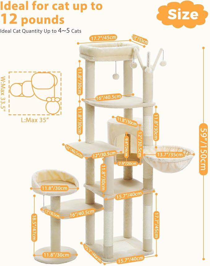 59" Cat Tree, Cat Tower for Large Cats, Multi-Level Cat Tower with 3 Removable Pompom Sticks, Cat Tree for Indoor Cats, Cat Condo with Large Hammock, Scratching Post, and 2 Perches, Beige