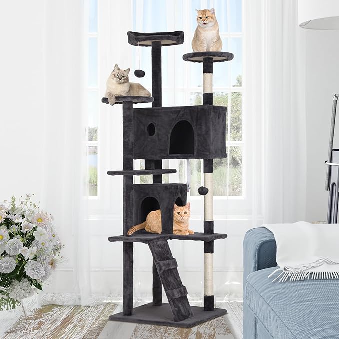 Cat Tree with Scratching Post,Cat Tower House for Indoor Large Adult Cats Kittens,21" Multi-Level Activity Cat Cando Furniture,Grey