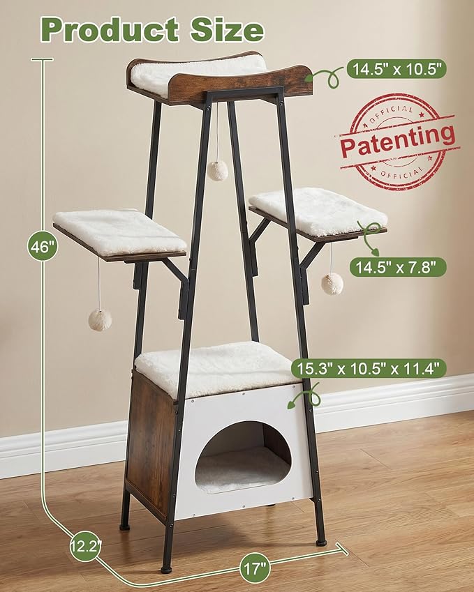 46-Inch Modern Cat Tree Tower for Large Cats, Multi-Level Cat Tower with Playful Toy Balls, Large Perch, Cat Condo, Removable Pads, White