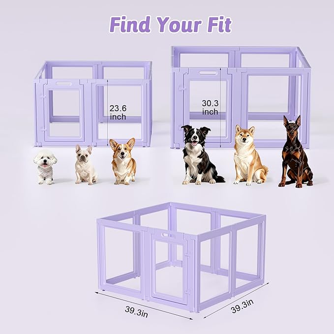 DIY Clear Acrylic Dog Playpen House,Quick Easy Assembly and Disassembly,Strong Floor Suction,Indoor and Outdoor Use,Easy Cleansing Puppy Fence (Purple, 23.6" H, 8PCS)