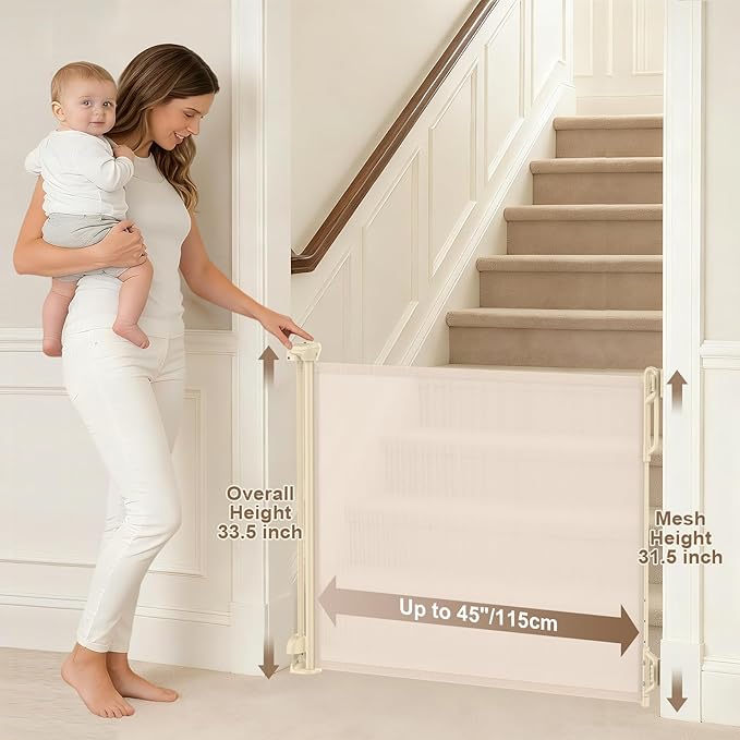 Retractable Safety Baby Gate or Mesh Dog Gate,Durable Portable Mesh Retractable Gate,Easy to Use for Stairs, Doorways, Hallways, Indoor, Outdoor, 33.5" Tall, Up to 45" Wide, Cream